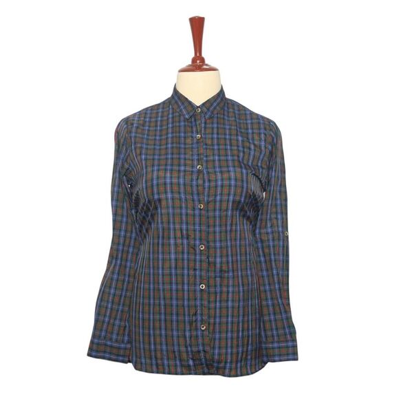 Womens Silky Shirt Green Blue Red Tartan Plaid Blouse Button Up Dress Top Medium - Picture 1 of 7